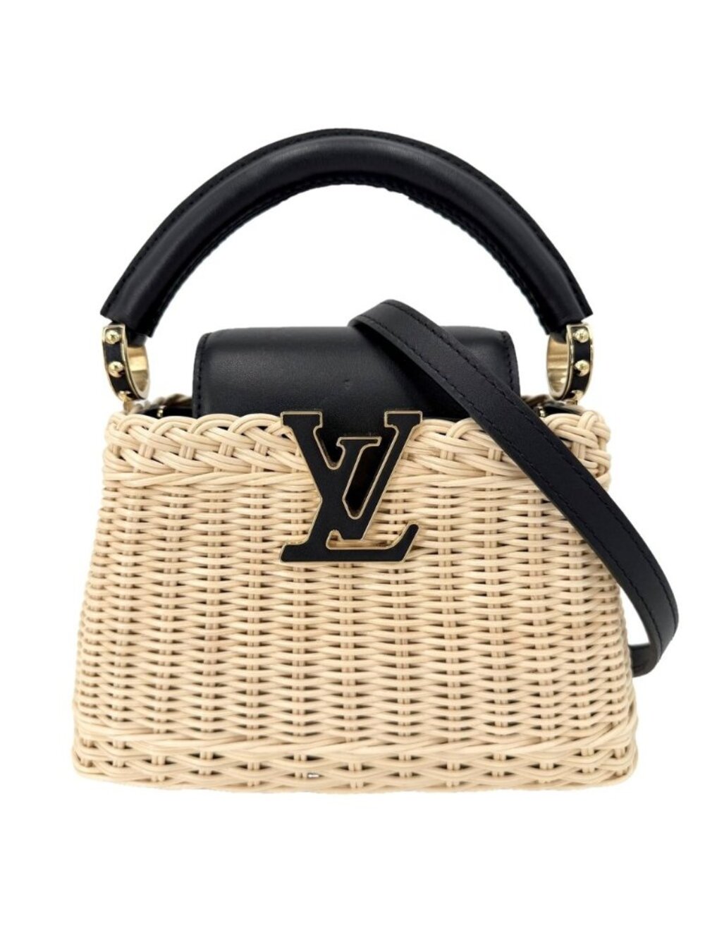Louis Vuitton 2-Way Capucines Mini Shoulder Bag Crossbody Rattan Leather Beige